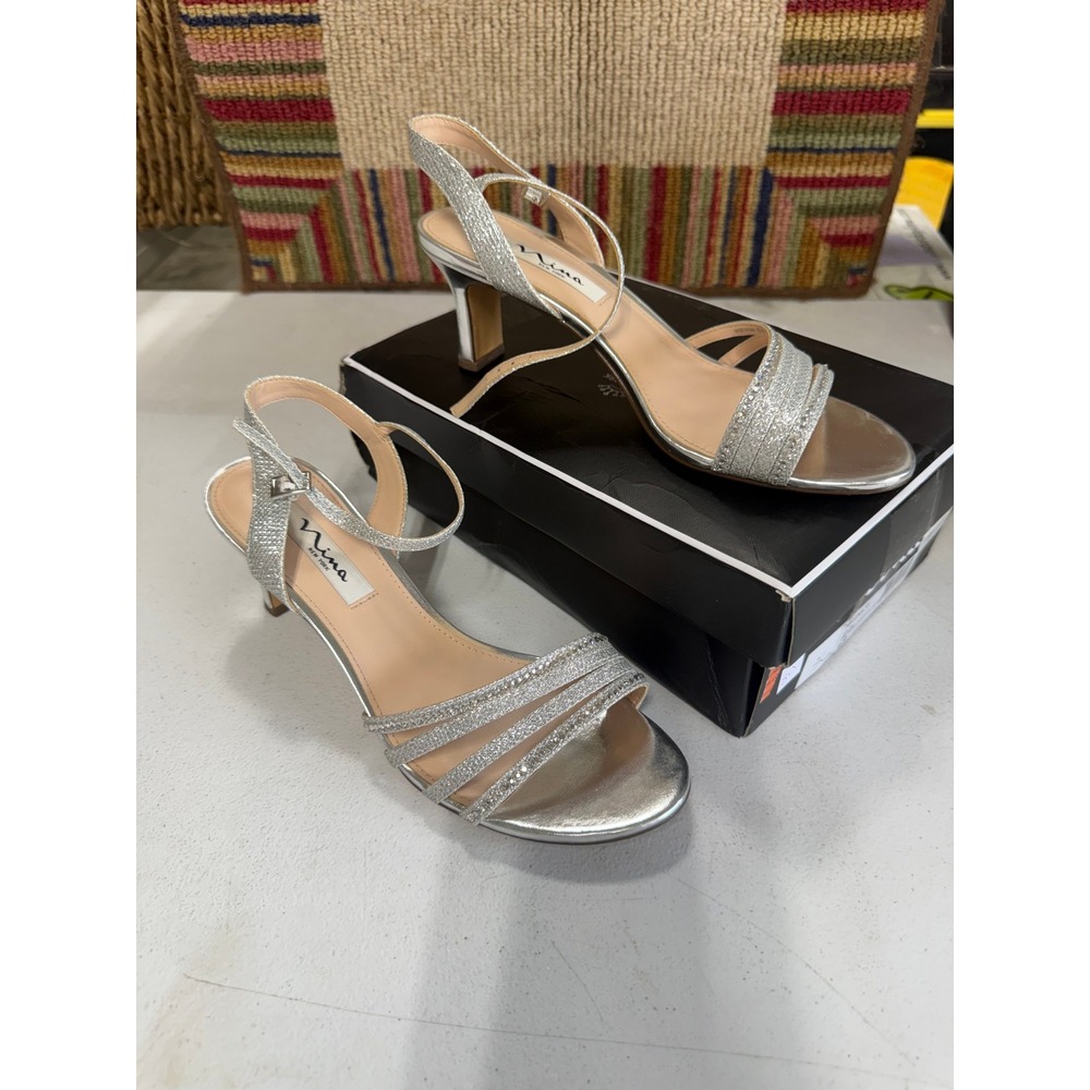 Nina Nelena-YF Silver Dreamland Glitter Kitten Heel Evening Sandals Womens 9M
